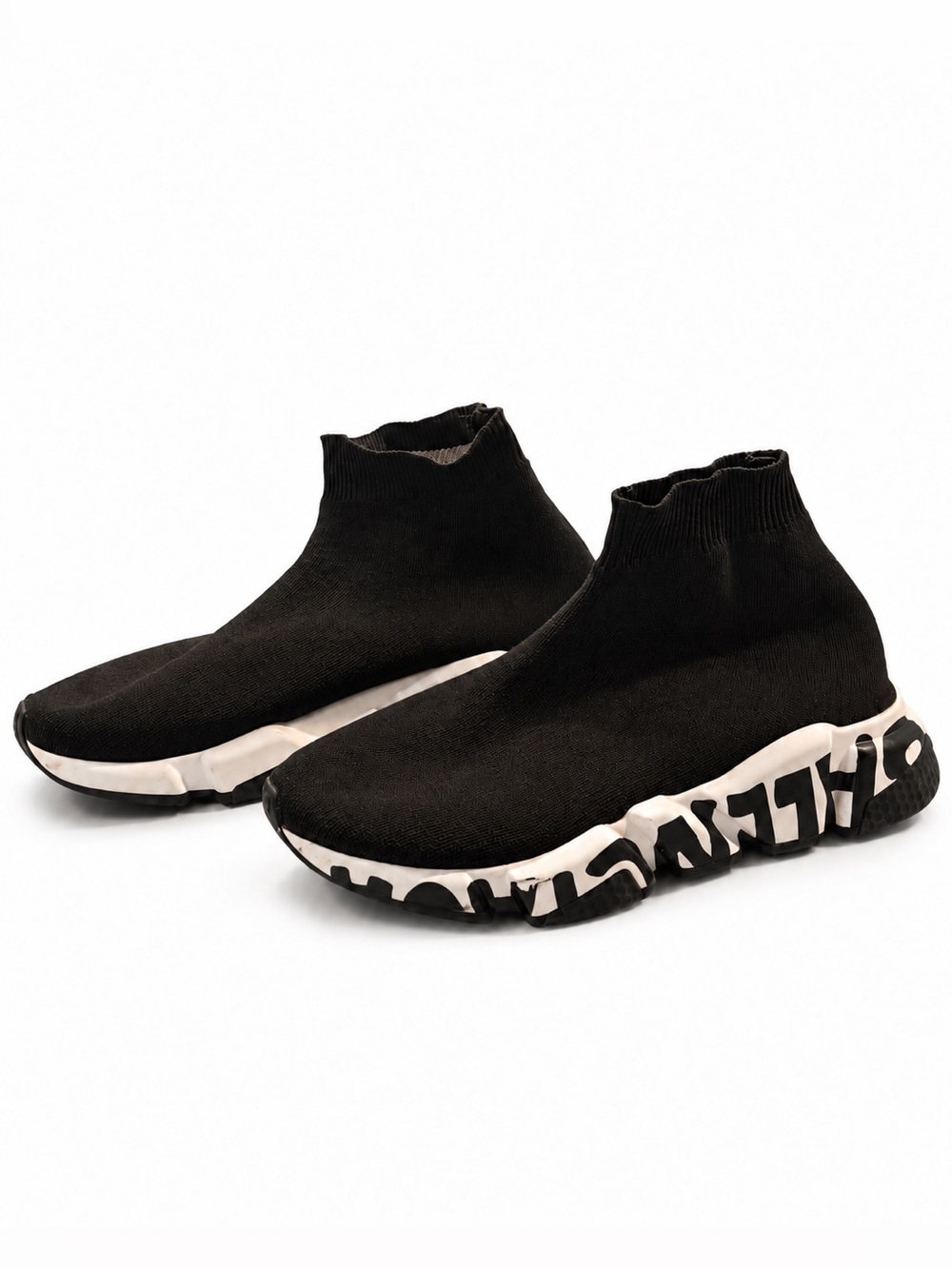 Balenciaga Black Sock Knit Platform Sneakers with White Graphic Sole
